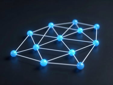 Abstract network topology diagram with glowing blue nodes and clean white connections on a dark background, technical schematic style.