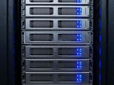 Macro close-up of a high-density server rack in a cool-toned data center, sharp blue indicator lights reflecting on metallic surfaces, symmetrical framing.