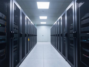 Symmetrical wide shot of a modern cleanroom data center corridor, cool white overhead lights, dark metal server cabinets lining both sides.