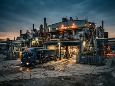 Wide shot of Empigard facility exterior at dusk, industrial lighting, cool metallic tones, a dedicated delivery truck parked outside, low horizon, gritty industrial photography.