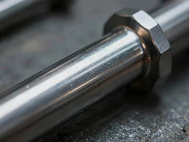 Detailed macro photograph of a hard chrome-plated shaft, emphasizing its extremely smooth, hard, and wear-resistant surface, dramatic workshop shadows, metallic tones.
