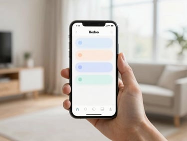 Close-up of a hand holding a smartphone in a bright, modern minimalist apartment, displaying the Redoo app dashboard with soft rounded status cards, natural lighting, beautiful blurred background