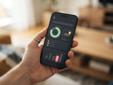 Minimalist mobile app mockup displaying a clean dark-mode dashboard with soft rounded green, yellow, and red status indicators, held by a hand in soft natural daylight, shallow depth of field, 35mm