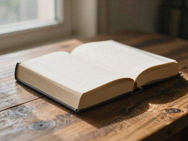 A closed thick hardcover book resting on a rustic dark oak table, soft lateral window light casting long shadows, warm editorial photography, 35mm