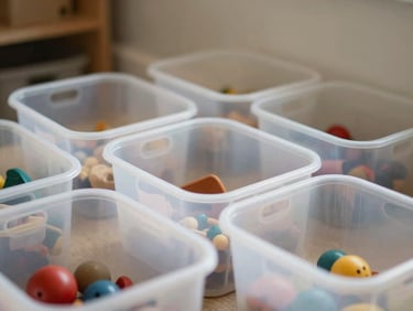 Child's play area with clear, labeled toy bins, a few toys visible but neatly contained, soft diffused natural light, muted earth tones, shallow depth of field, realistic home interior.