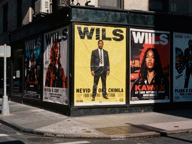 Wide cinematic environmental shot of a wild poster campaign on a gritty New York street corner, harsh direct sunlight, deep shadows, 35mm film.