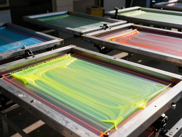 Behind-the-scenes campaign production showing screenprinting screens dripping with neon ink, harsh direct sunlight, 35mm film.