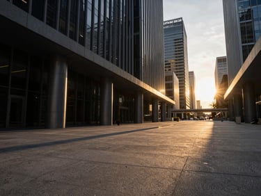 Low-angle architectural perspective of a futuristic financial district plaza, sharp concrete pathways, dramatic sunset lighting.