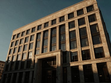 Low-angle exterior view of a modern banking headquarters, dramatic golden-hour sunlight casting deep shadows