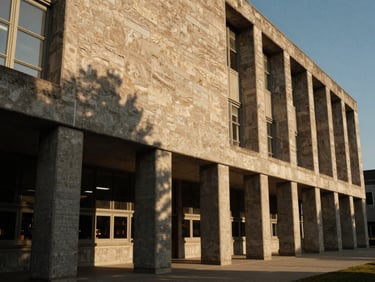 Heroic low-angle perspective of a brutalist university library, textured concrete and sandstone facade, deep shadows.