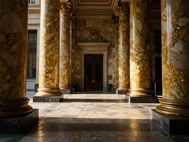 Symmetrical wide-angle perspective of a grand banking hall, gold-veined marble columns, high-contrast architectural lighting, deep shadows.