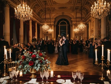 Wide environmental shot of a majestic neoclassical ballroom, warm candlelight glowing from crystal chandeliers, deep marsala velvet drapes, soft golden highlights, moody editorial photography, shallow depth of field