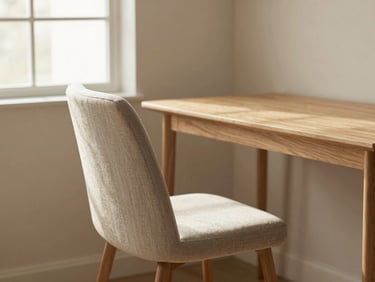 A fabric accent desk chair paired with a slim writing desk in a warm, minimalist home office, soft afternoon daylight, 35mm
