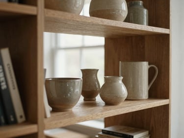 Medium environmental shot of an open shelving unit holding ceramic objects and books in a sunlit apartment, warm natural window light, 35mm