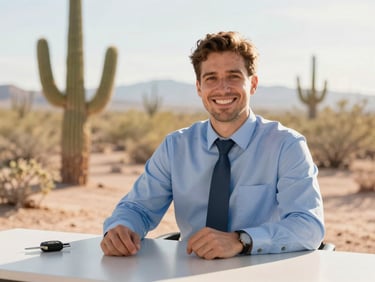 A professional local insurance agent in Tucson smiling warmly, sitting at a desk with car keys nearby, bright natural Arizona sunlight, clean composition, 35mm