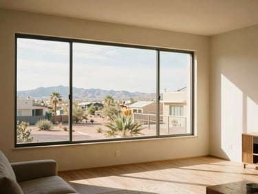 Warm interior of a modern Tucson apartment living room with natural light streaming through a large window, 35mm