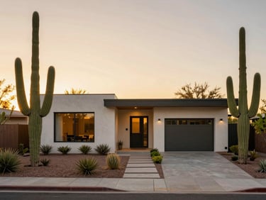 A beautiful modern home in Tucson surrounded by saguaro cacti under a warm golden sunset sky, 35mm
