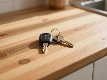 Close up of car keys lying on a wooden kitchen counter next to a house key, warm Arizona sunlight, 35mm