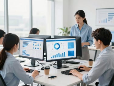 Modern office workspace, creative team collaborating on a digital marketing strategy, sleek monitors displaying analytics, bright natural daylight, clean white and sky blue tones.