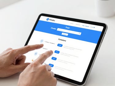 Close-up of a sleek tablet displaying a website wireframe with conversion funnels, professional hands interacting, clean white background, bright studio light.