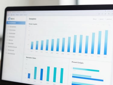 Sleek analytics dashboard displaying performance metrics, with subtle sky blue and cyan gradient overlays, bright studio light.