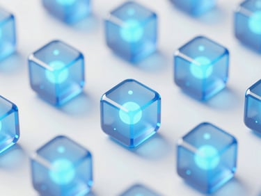 Abstract 3D glass-like geometry with glowing AI neural network elements, cool blue and cyan tones, clean white background, shallow depth of field.
