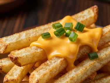 Macro close-up of crispy golden french fries loaded with melting cheddar cheese dripping down, chopped green onions, high-contrast dramatic side-lighting, dark wood background.
