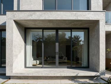 Architectural photograph of a modern residential pavilion with concrete walls and large glass panes, crisp shadows