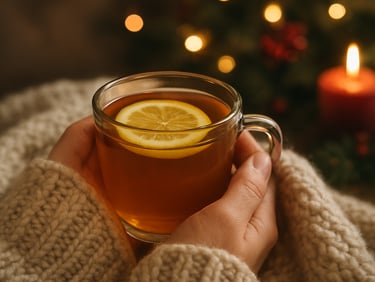 Hands holding a warm glass toddy with lemon slice under a cozy wool blanket, soft-focus holiday decor