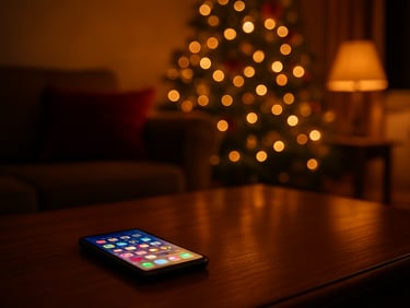 Warm cozy photography of a living room at night, a Christmas tree glowing with amber lights in the background, a smartphone resting on a wooden coffee table showing a colorful interface, shallow depth of field, 35mm film.