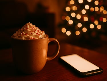 A close-up of a mug with whipped cream and peppermint next to a glowing phone screen in a warm low-light living room