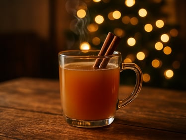 A steaming glass of spiced apple cider with cinnamon sticks on a wooden table, warm Christmas tree lights blurred in the background