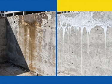 Side-by-side comparison of a basement retaining wall: left shows heavy dampness and peeling saltpetre; right shows a dry, structurally reinforced concrete wall with white epoxy finish.