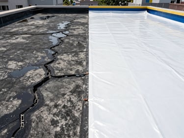 Side-by-side comparison of a Delhi rooftop: left shows cracked black concrete with standing water; right shows a pristine, dry, white heat-reflective waterproofing membrane.