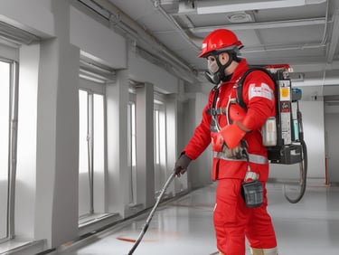 A fire safety setup featuring a red fire hose reel mounted on a wall alongside a rectangular red metal cabinet containing a fire hose and nozzle. Pipes and a valve are visible, highlighting the system's functionality.