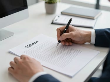 Close-up of professional hands signing corporate compliance documents on a clean slate-gray desk, bright natural office daylight, 35mm