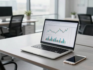 A clean modern corporate workspace with a laptop showing financial charts, slate-gray desk, professional daylight