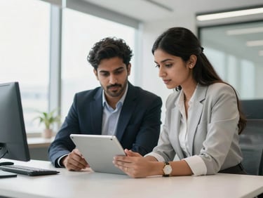 Two professional partners collaborating over a tablet in a bright Indian corporate office, clean modern interior