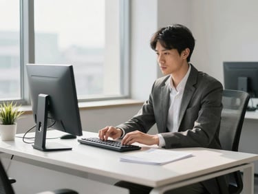 A focused professional working at a clean minimalist desk with natural light streaming through a window