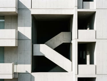 Minimalist architectural photography, clean concrete structure with sharp geometric lines, bright natural daylight, high-contrast, professional portfolio style, 35mm