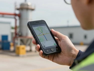 Tight shot of a field technician's hand holding an Android handheld device showing a route and job-status screen, industrial site background slightly out of focus, bright daylight documentary lighting