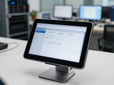 Overhead technical view of a device management console displayed on an Android tablet mounted on a desk in a logistics operations room, screens and server racks visible in the background, bright even office lighting