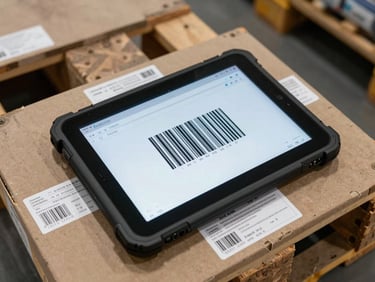 Close overhead shot of a ruggedized Android tablet displaying a barcode-scan inventory screen, resting on a warehouse pallet with product labels visible beneath, bright even documentary lighting