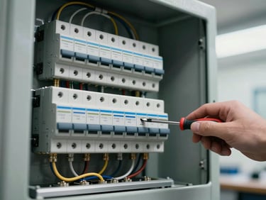 Close-up of an open electrical sub-panel with breakers and wire lugs, a hand holding a screwdriver mid-installation, overcast ambient light from a shop window