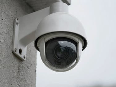 Extreme close-up of a CCTV dome camera lens mounted on a concrete exterior wall, overcast daylight, visible conduit entry point, sharp metal housing detail