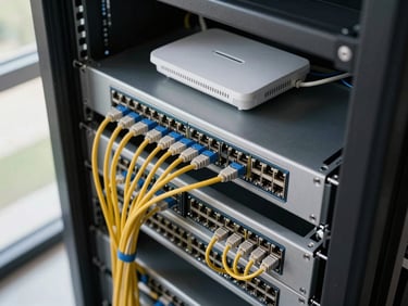 Overhead view of a network rack with patch panel, ethernet cables routed in a tidy bundle, access point mounted above, daylight from a nearby window on equipment