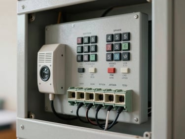 Close-up of a security alarm control panel with wired keypads and terminal blocks, natural interior light, exposed installation in progress, metal housing open
