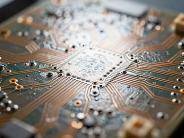 Extreme close-up of a circuit board surface under bright clinical overhead lighting, tight macro framing revealing solder joints and copper traces with precision focus, sterile laboratory aesthetic, cool white light, no warm tones, no people