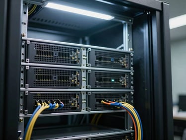 Tight close-up of a high-density data center server rack interior, cables and circuit boards sharply lit by cool white overhead strobes, shallow depth of field isolating one blade server chassis, sterile and precise, no people
