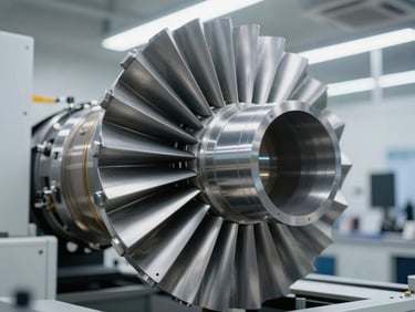 Wide close-up of an aerospace turbine component on a precision assembly line, machined alloy surfaces under bright industrial overhead lighting, crisp metallic detail, clean white workshop environment, no people